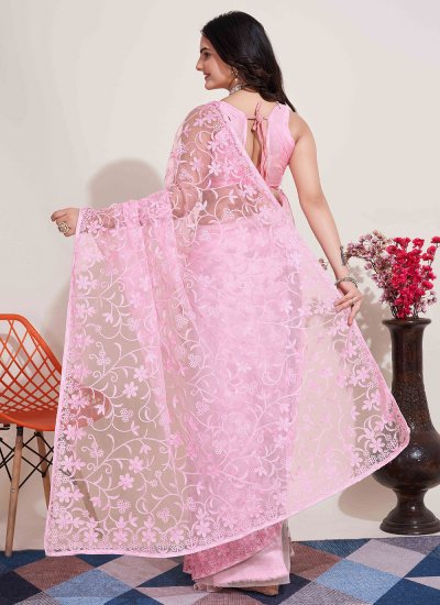 Net Pink Embroidered Casual Saree