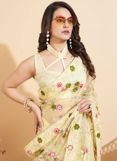 Net Yellow Embroidered Trendy Saree