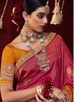 Observable Art Silk Embroidered Gold and Magenta Traditional Saree
