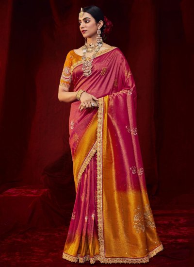 Observable Art Silk Embroidered Gold and Magenta Traditional Saree