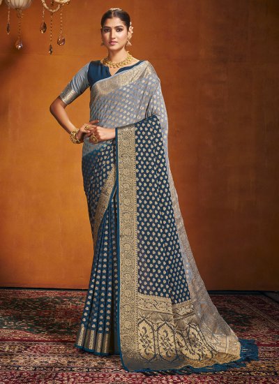 Observable Grey and Teal Weaving Classic Saree