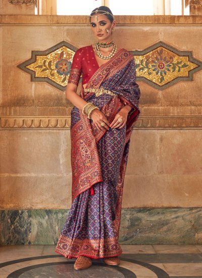 Opulent Weaving Blue Banarasi Silk Contemporary Style Saree