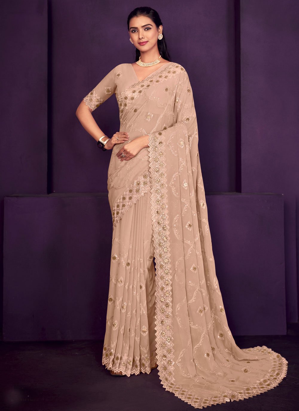 Buy Peach Stonework Net Saree - Koskii