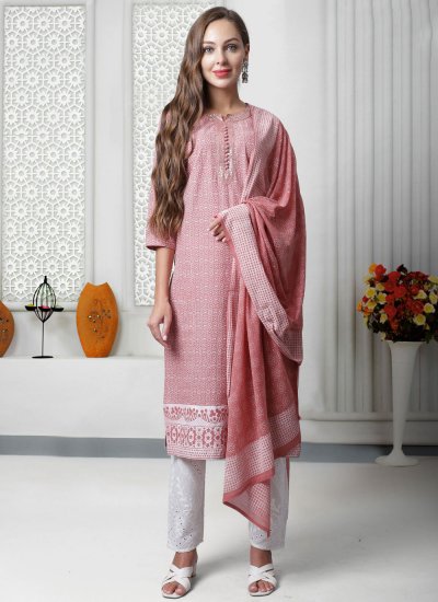 Pink Cotton Printed Readymade Salwar Suit