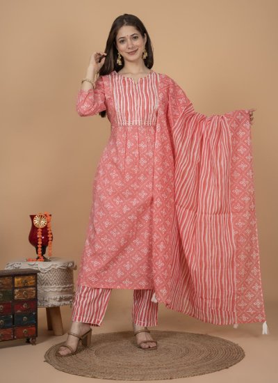 Pink Cotton Printed Readymade Suit