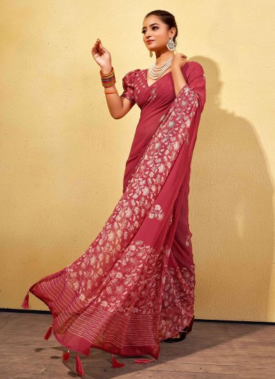 Pink Georgette Foil Print Traditional Saree