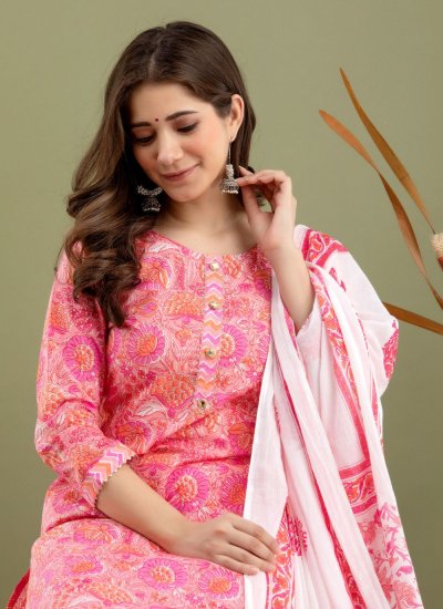Pink Printed Cotton Readymade Suit