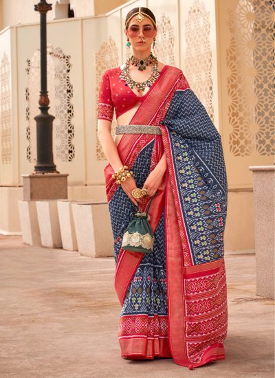 Printed Silk Designer Traditional Saree in Navy Blue