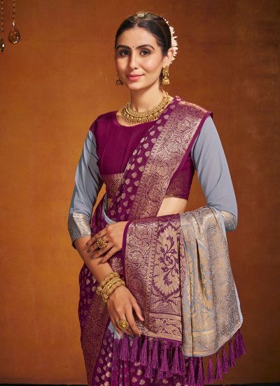 Pure Georgette Grey and Purple Contemporary Style Saree
