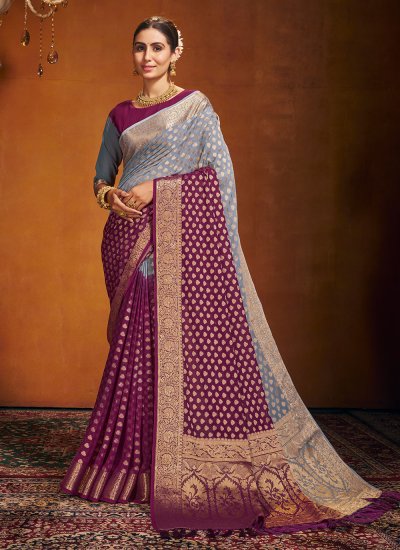 Pure Georgette Grey and Purple Contemporary Style Saree
