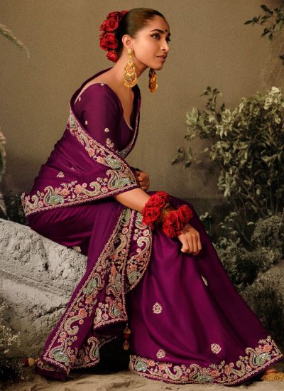 Purple Embroidered Wedding Classic Saree