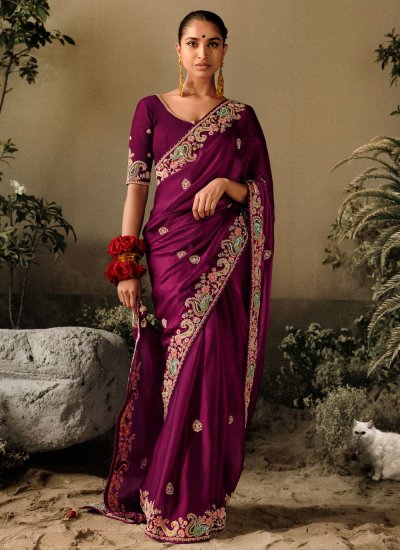 Purple Embroidered Wedding Classic Saree