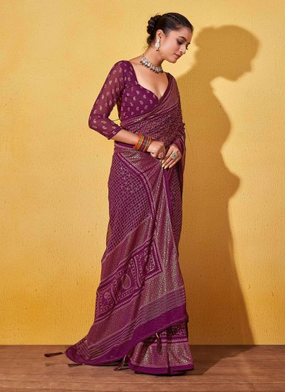 Purple Foil Print Traditional Saree