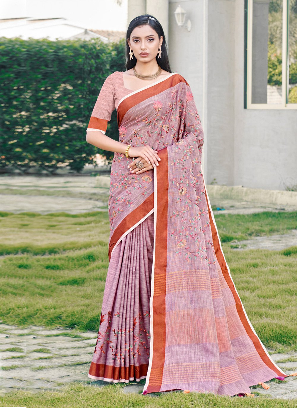 Wevon Designer,Embroidery Work Linen saree in Greywith Blouse - SR19856