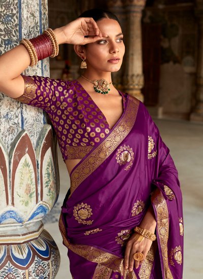 Purple Woven Satin Silk Classic Saree