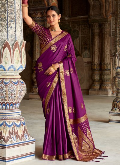 Purple Woven Satin Silk Classic Saree