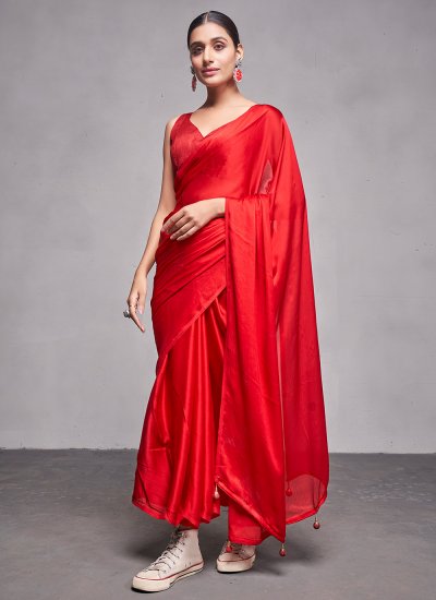 Rangoli Plain Classic Designer Saree in Red