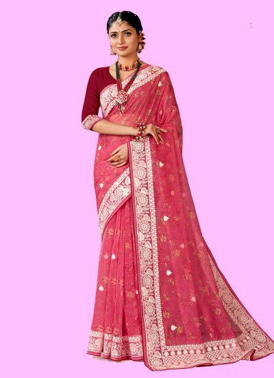 Ravishing Resham Organza Pink Saree