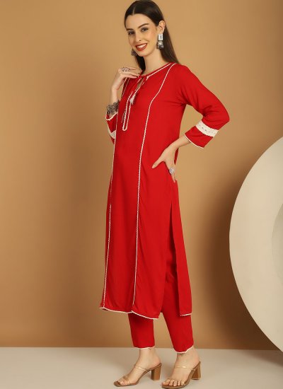 Rayon Plain Pant Style Suit in Red