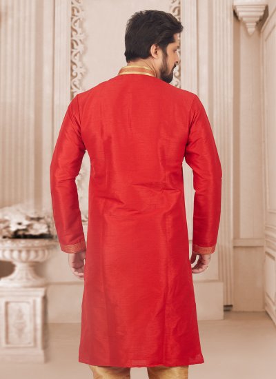 Red Embroidered Dupion Silk Kurta Pyjama