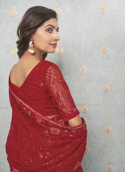 Red Embroidered Faux Georgette Classic Saree