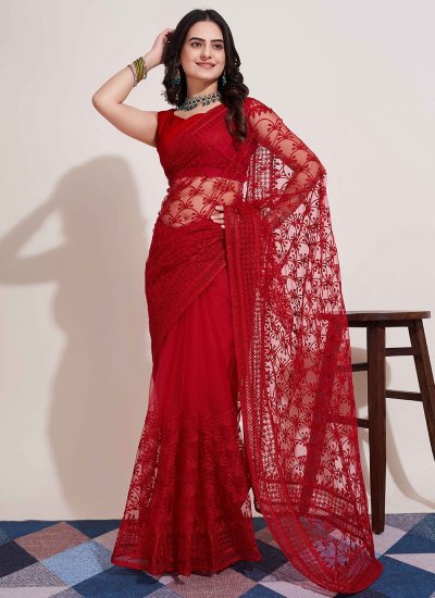 Red Embroidered Net Classic Saree
