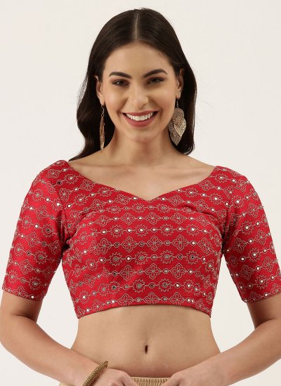 Red Embroidered Silk Blouse