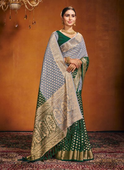 Resplendent Green and Grey Weaving Pure Georgette Trendy Saree