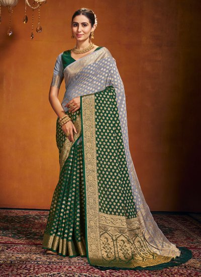 Resplendent Green and Grey Weaving Pure Georgette Trendy Saree