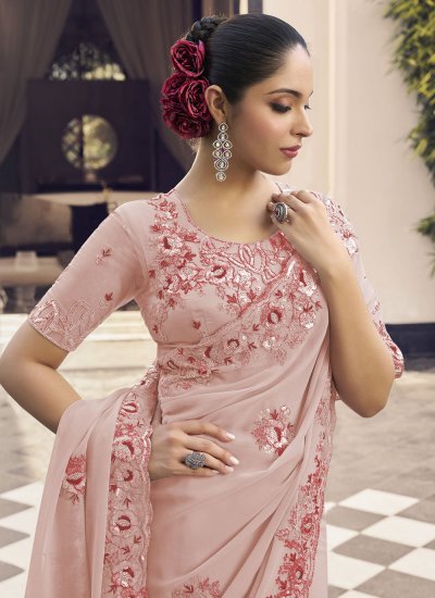 Rose Pink Embroidered Designer Traditional Saree