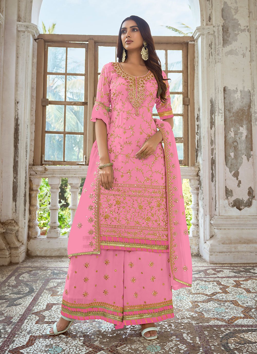 Rose Pink Embroidered Mehndi Designer Salwar Kameez