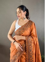 Rust Embroidered Silk Traditional Designer Saree