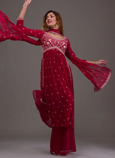 Sequins Georgette Trendy Salwar Kameez in Red