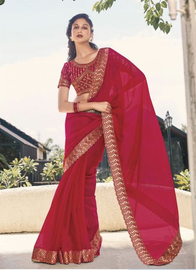 Beige And Red Shimmer Georgette And Net Saree -