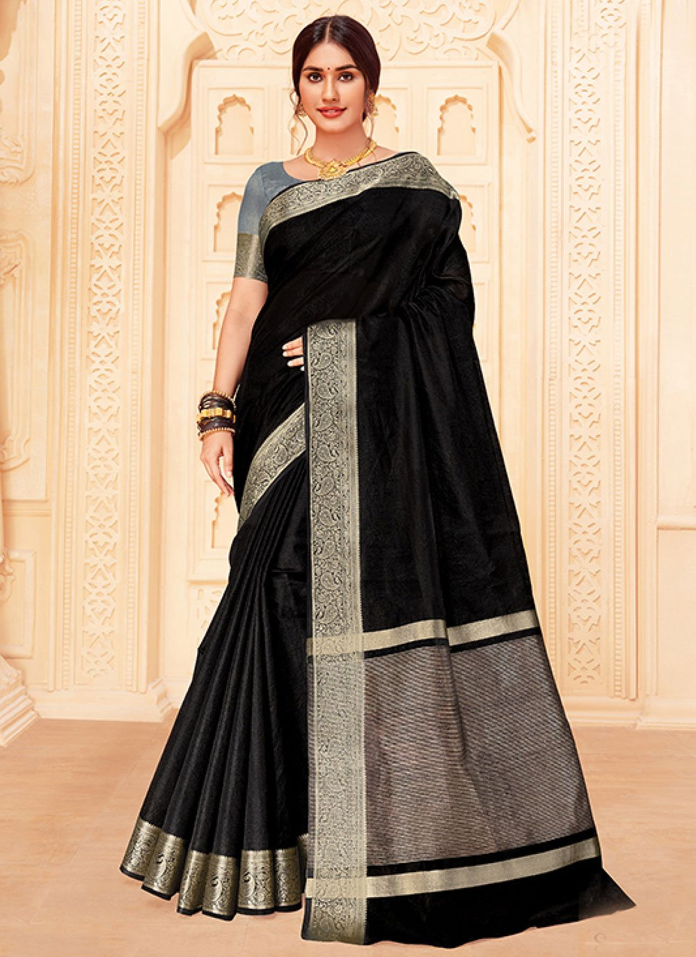 Black & Gold-Toned Embellished Embroidered Poly Georgette Saree– Inddus.in