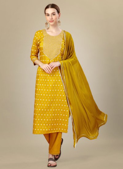 Silk Blend Sequins Yellow Designer Salwar Suit