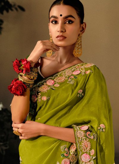 Silk Embroidered Trendy Saree in Green