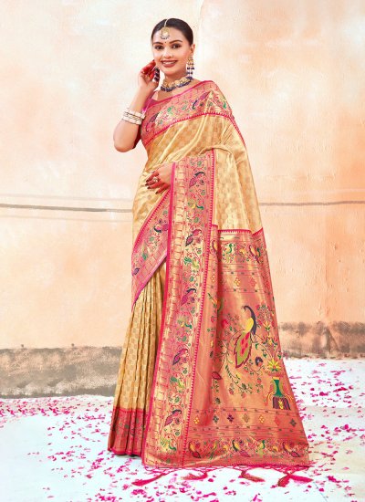 Silk Printed Traditional Saree in Cream