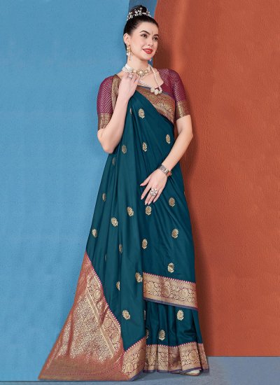 Silk Teal Weaving Traditional Designer Saree