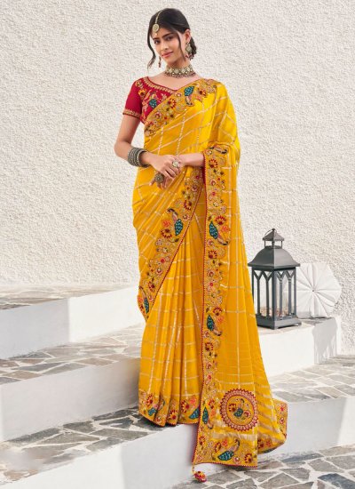Silk Yellow Embroidered Trendy Saree
