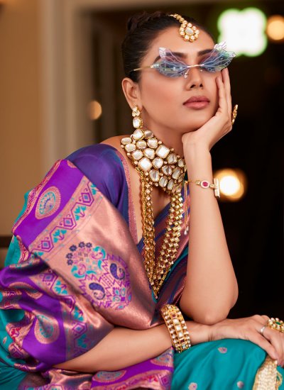 Silk Zari Turquoise Contemporary Saree