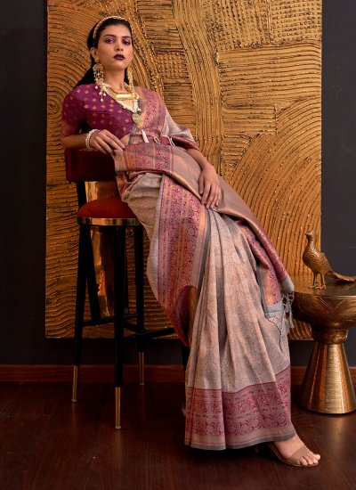 Sparkling Brown and Purple Handloom silk Contemporary Saree