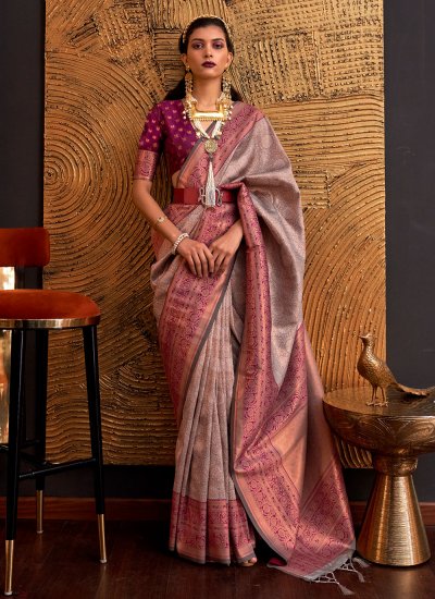 Sparkling Brown and Purple Handloom silk Contemporary Saree