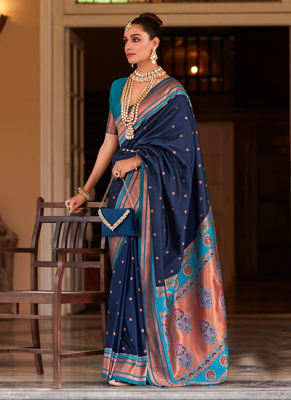 Navy Blue Party Wear Designer Silk Saree