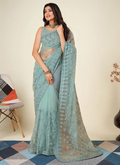Specialised Aqua Blue Embroidered Chinon Traditional Saree