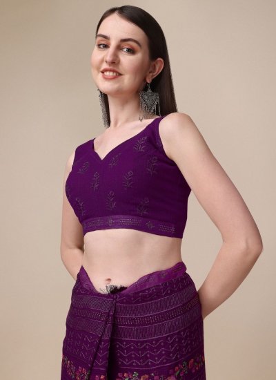 Staggering Purple Embroidered Georgette Classic Designer Saree
