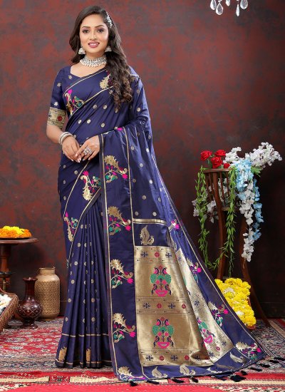 Staggering Weaving Navy Blue Trendy Saree