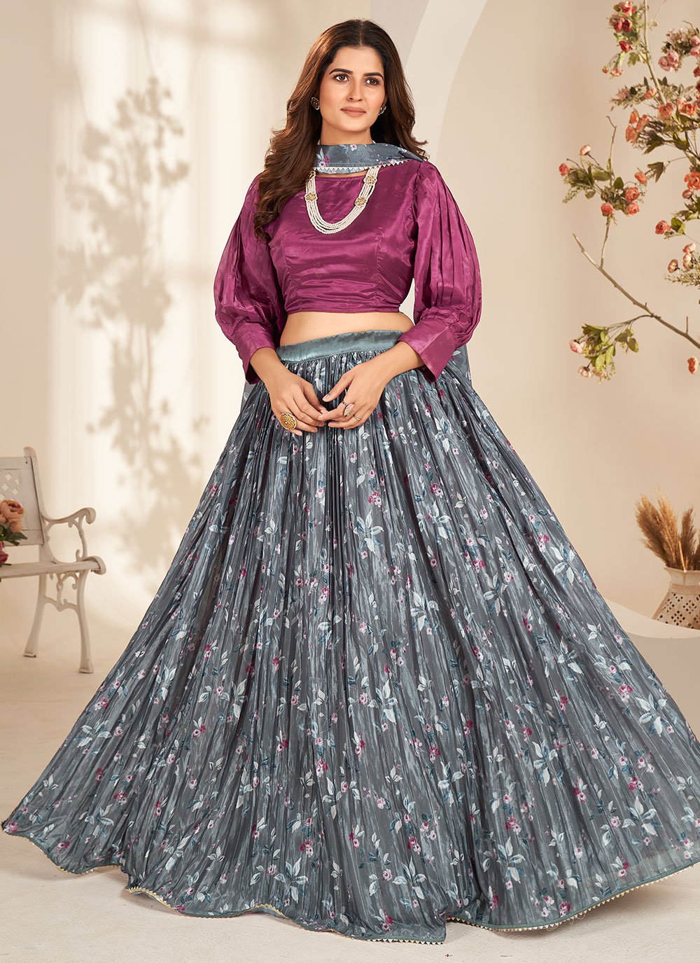 Blue georgette readymade lehenga,intricate chamki embroidery floral design  croptop,heavy work skirt & embroidery dupatta