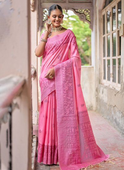 Tantalizing Woven Handloom silk Pink Contemporary Style Saree