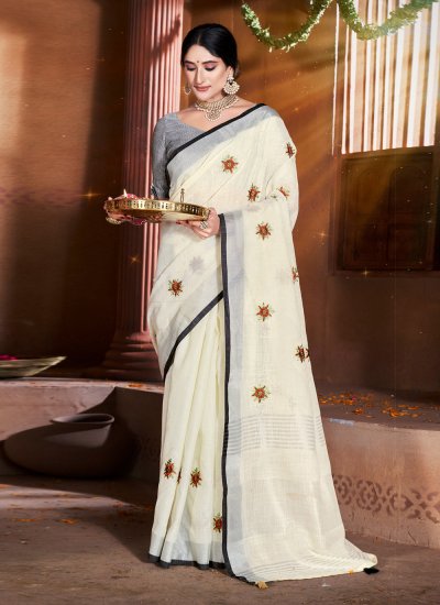 Traditional Designer Saree Weaving Linen in Off White